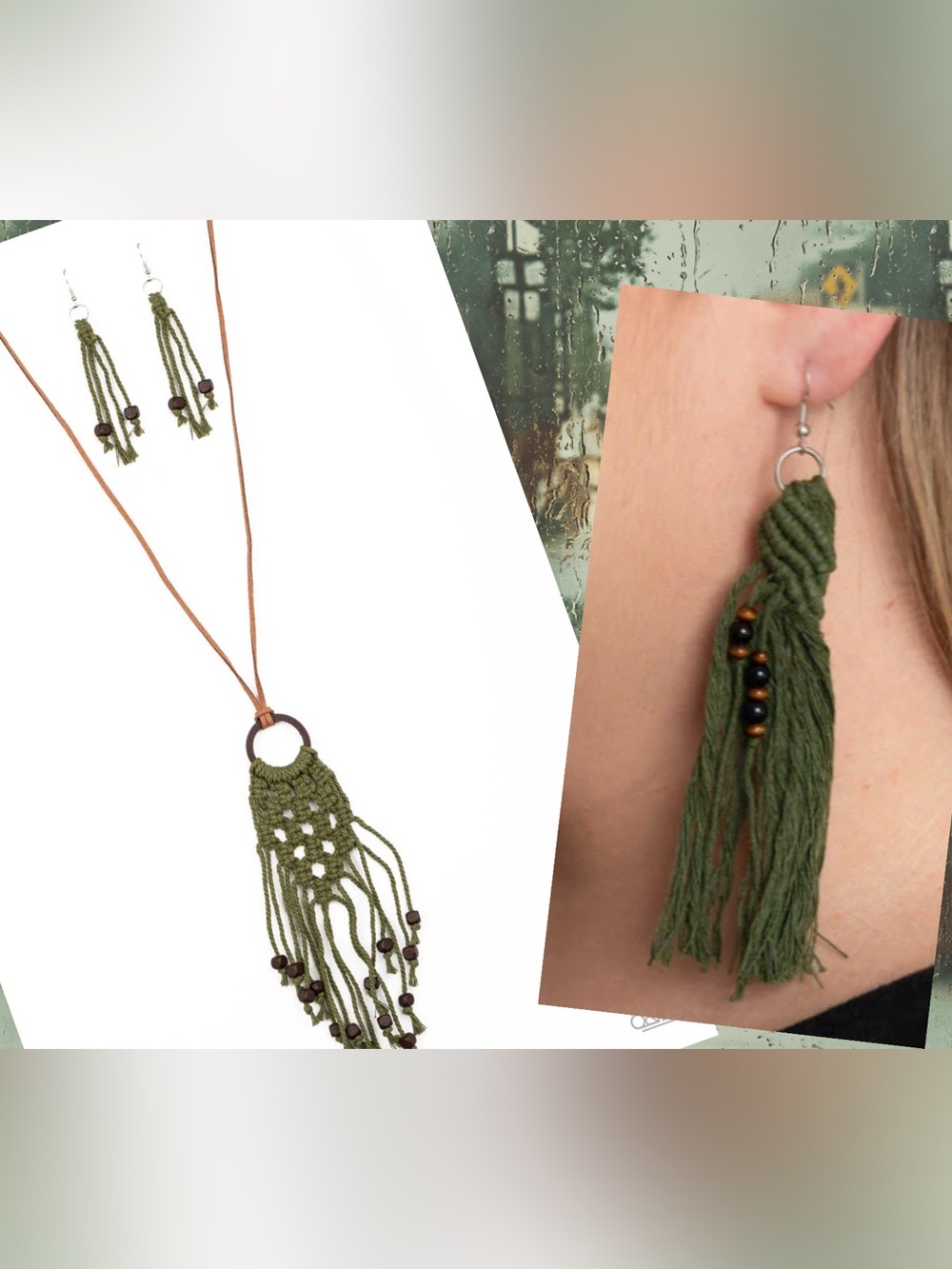 paparazzi Olive Green Macramé Tassel Necklace with Wooden Bead Accents